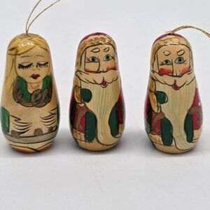 Set Of 3 Hand-Painted Santa & Maiden Wooden Nesting Doll Style Ornaments